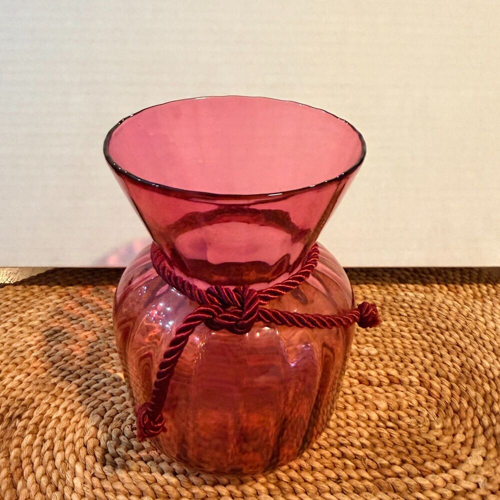 Vintage Pilgrim Cranberry Glass Vase Hand Blown Ribbed Flared Rim Cord
